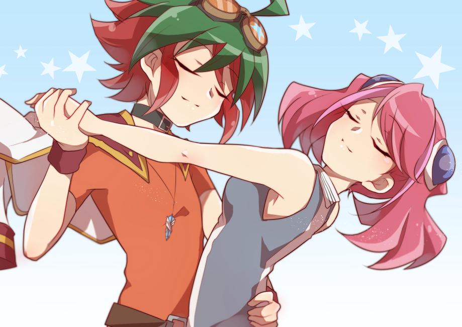 1boy, 1girl, ahoge, belt, choker, closed_eyes, dancing, goggles