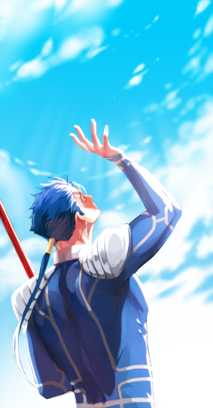 1boy, blue_hair, fate/stay_night, fate_(series), gae_bolg, highres, lancer, mochaabx, polearm, ponytail, red_eyes, solo, spear, weapon