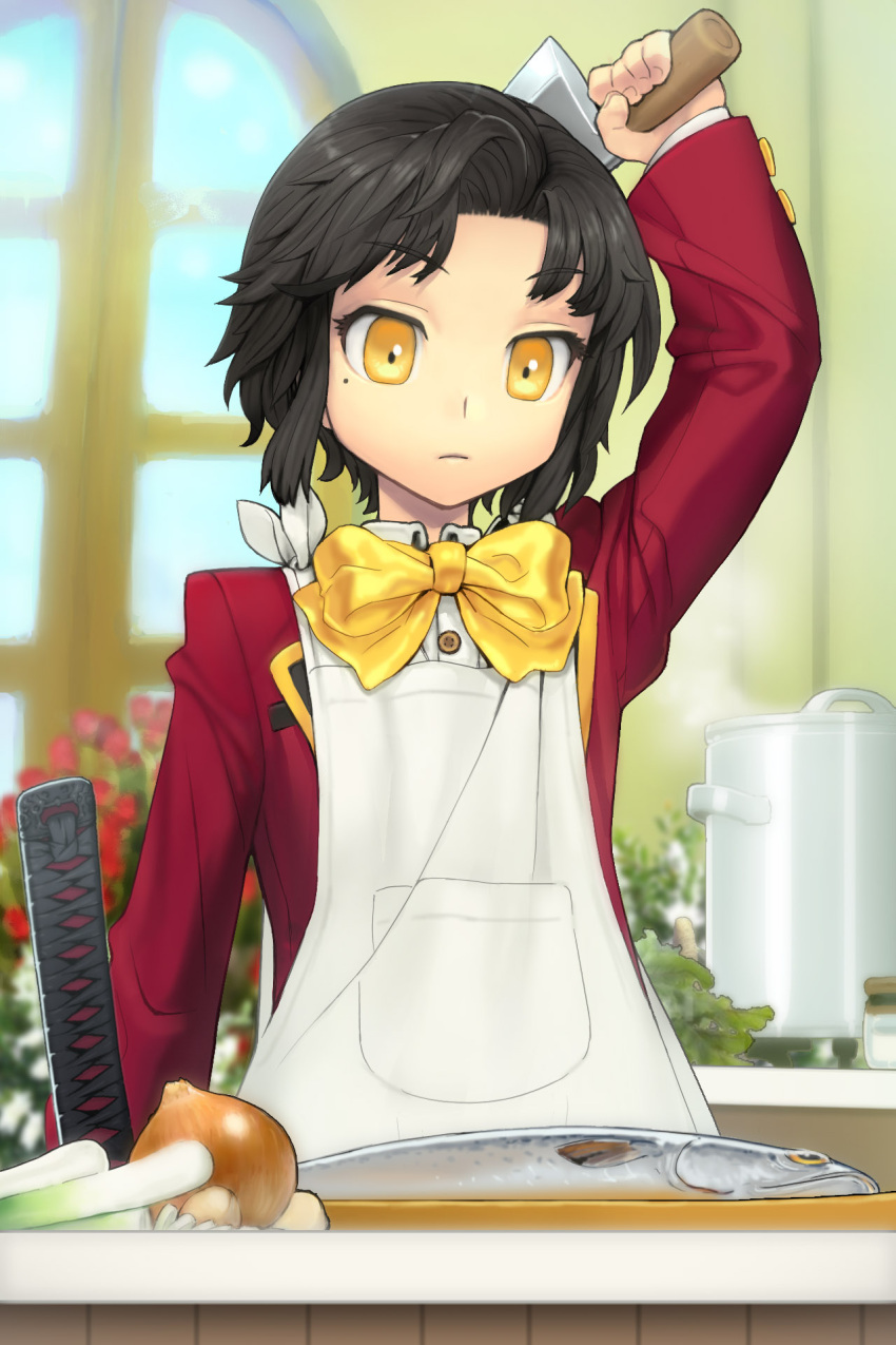 1girl, apron, black_hair, blazer, bow, butcher_knife, cooking, cooking_pot