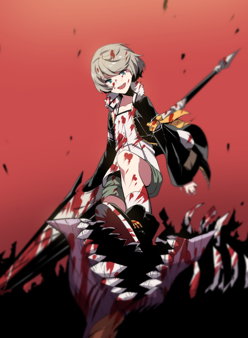 1boy, absurdres, blood, brown_hair, closers, green_eyes, highres, jacked, mistilteinn_(closers), monster, open_mouth, short_hair, shorts, smile, stepped_on, supernew, teeth, weapon