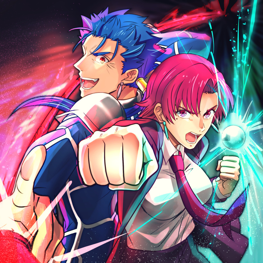 1boy, 1girl, bazett_fraga_mcremitz, blue_hair, fate/hollow_ataraxia, fate_(series), formal, fragarach, gloves, highres, lancer, mole, pant_suit, ponytail, purple_hair, red_eyes, shimo_(s_kaminaka), short_hair, solo, suit