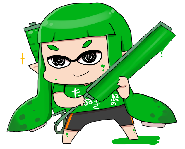 1girl, bike_shorts, black_eyes, chibi, clothes_writing, domino_mask, gaiko_kujin, green_hair