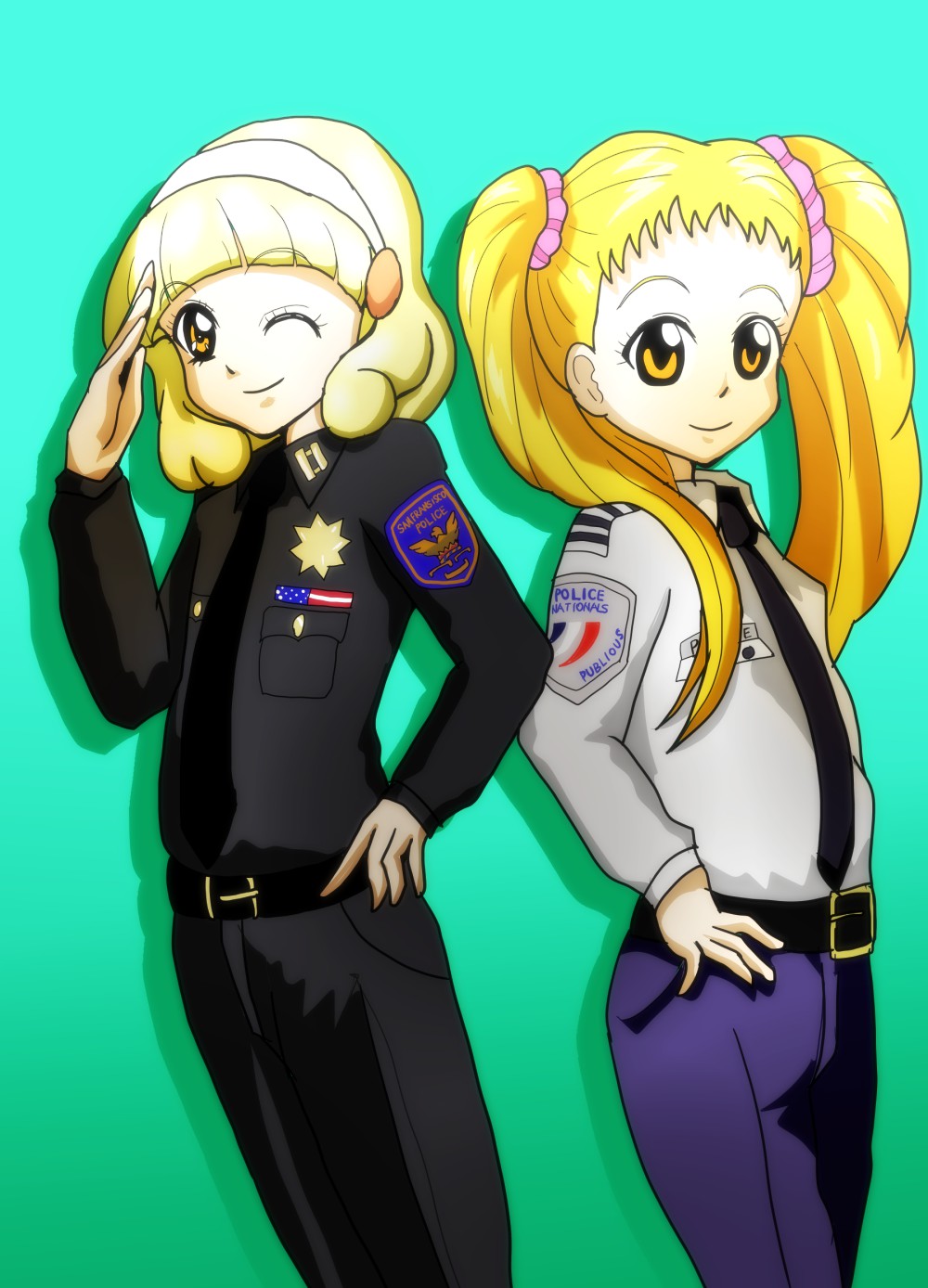 2girls, blonde_hair, highres, kamonan_(pixiv_id_1430057), kasugano_urara_(yes!_precure_5), kise_yayoi, multiple_girls, police