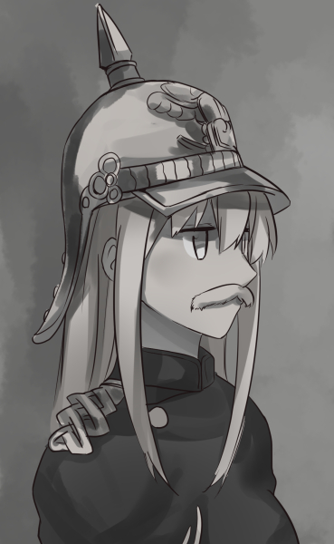 1girl, artist_request, bismarck_(kantai_collection), cosplay, facial_hair, fake_mustache, germany, greyscale