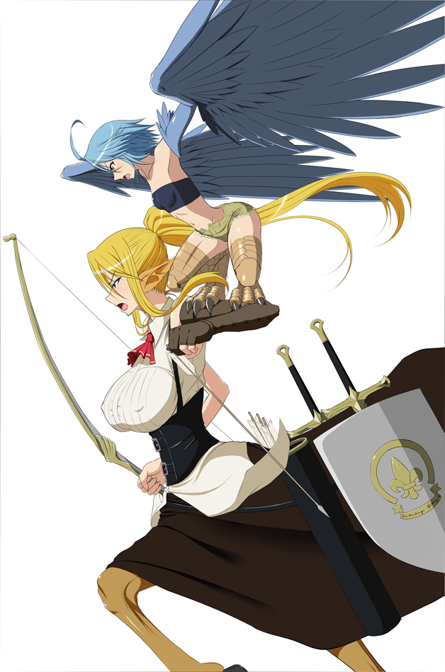 2girls, ahoge, animal_ears, arrow, blonde_hair, blue_eyes, blue_hair, blue_wings, bow_(weapon), breasts, centaur, centorea_shianus, falconry, feathered_wings, harpy, horse_ears, large_breasts, long_hair, monster_girl, monster_musume_no_iru_nichijou, mr._metabo, multiple_girls, navel, papi_(monster_musume), ponytail, quiver, sheath, sheathed, shield, short_shorts, shorts, simple_background, single_elbow_glove, small_breasts, sword, talons, weapon, white_background, wings, yellow_eyes
