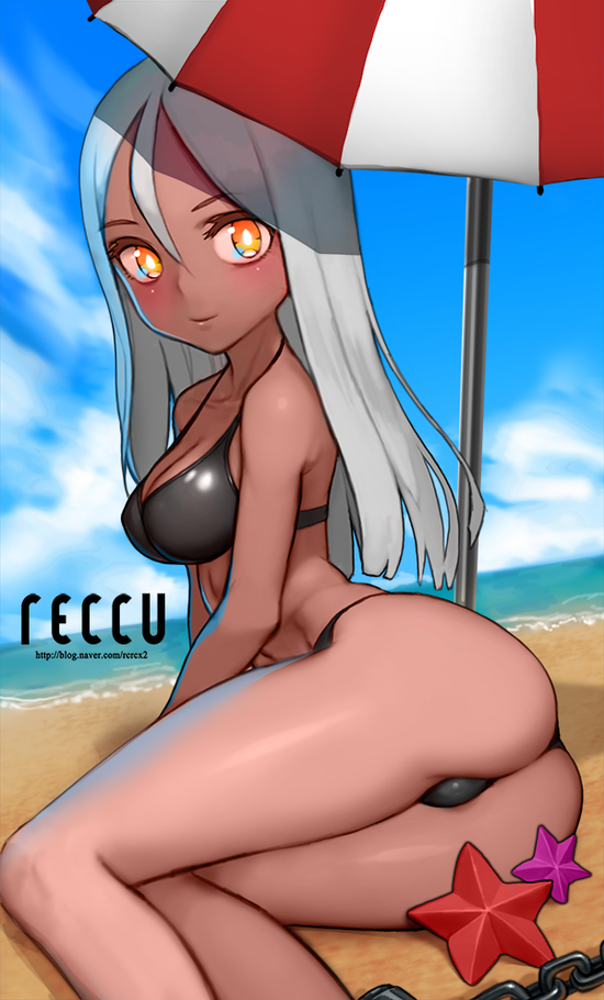 1girl, ass, beach, beach_umbrella, bikini, black_bikini, blush, breasts