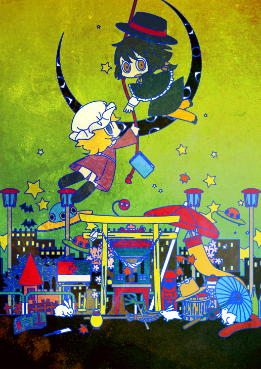 2girls, bat, blonde_hair, book, bow, broom, brown_eyes, brown_hair