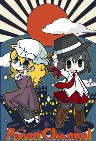 2girls, blonde_hair, blue_eyes, bow, brown_eyes, brown_hair, chibi, circle_name
