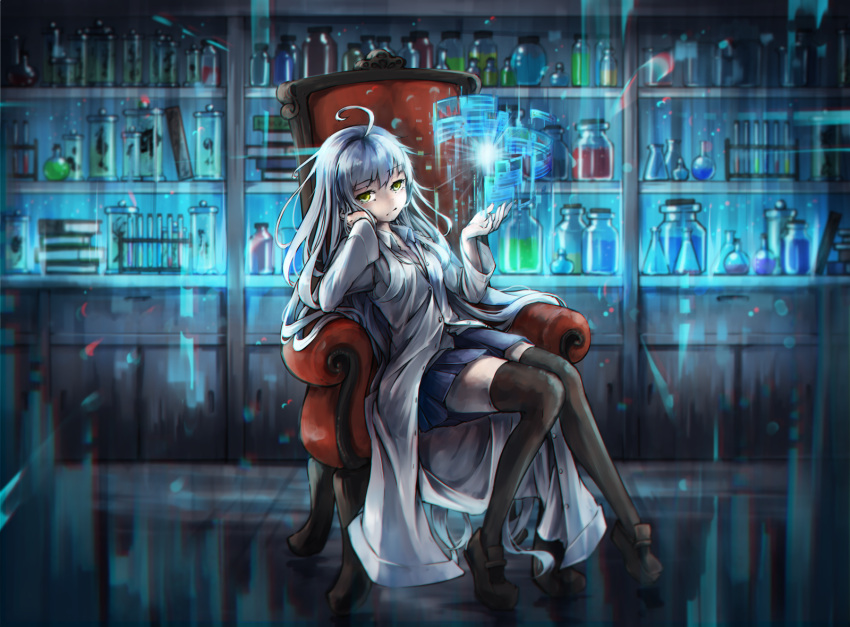 1girl, ahoge, black_legwear, blue_hair, blue_skirt, highres, kajaneko, labcoat