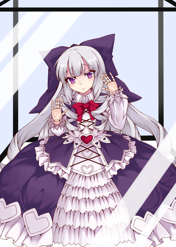 1girl, against_glass, bow, doll_joints, dress, frown, hair_bow, heart, heart-shaped_pupils, living_doll_(monster_girl_encyclopedia), long_hair, monster_girl, monster_girl_encyclopedia, shintani_masaki, silver_hair, skirt, solo, symbol-shaped_pupils, violet_eyes