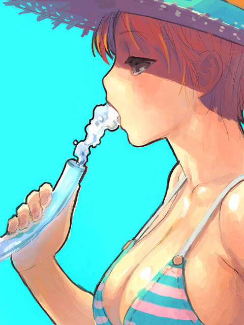 1girl, aqua_background, bikini, breasts, drinking, hat, holding, hose