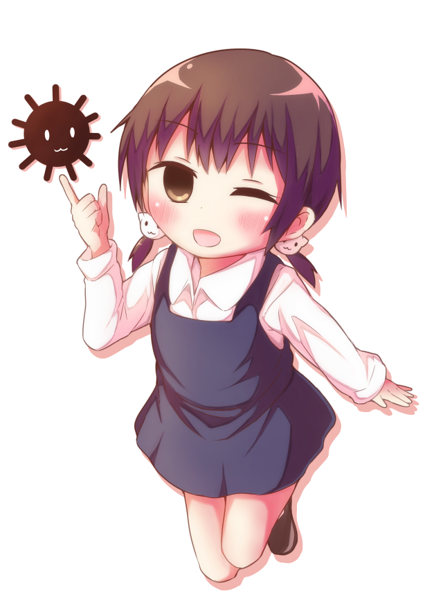 1girl, ;d, brown_eyes, brown_hair, cat_hair_ornament, hair_ornament, index_finger_raised, looking_at_viewer