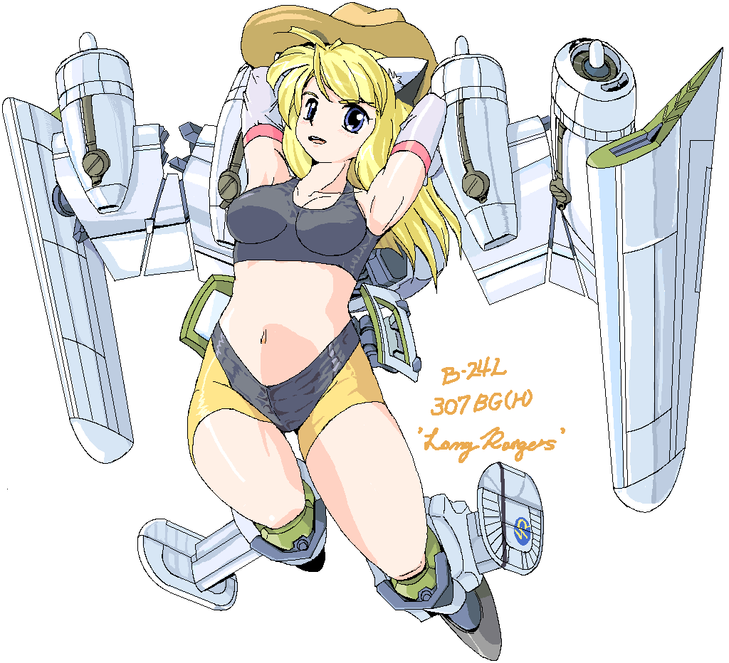 1girl, airplane, animal_ears, armpits, arms_behind_head, b-24, blonde_hair, blue_eyes