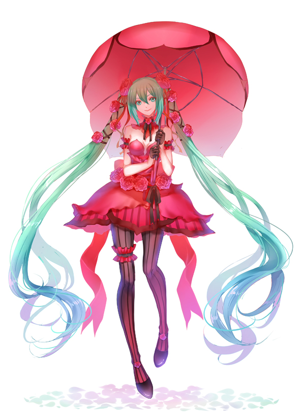 1girl, dress, flower, garters, gloves, green_eyes, green_hair, hair_flower