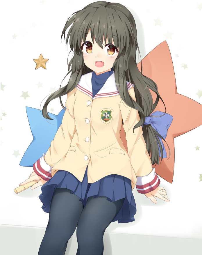 1girl, black_hair, black_legwear, boushi_(nandemo), brown_eyes, clannad, happy_birthday, ibuki_fuuko
