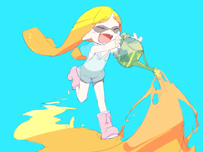 1girl, :d, bike_shorts, blue_background, blush, boots, domino_mask, fangs