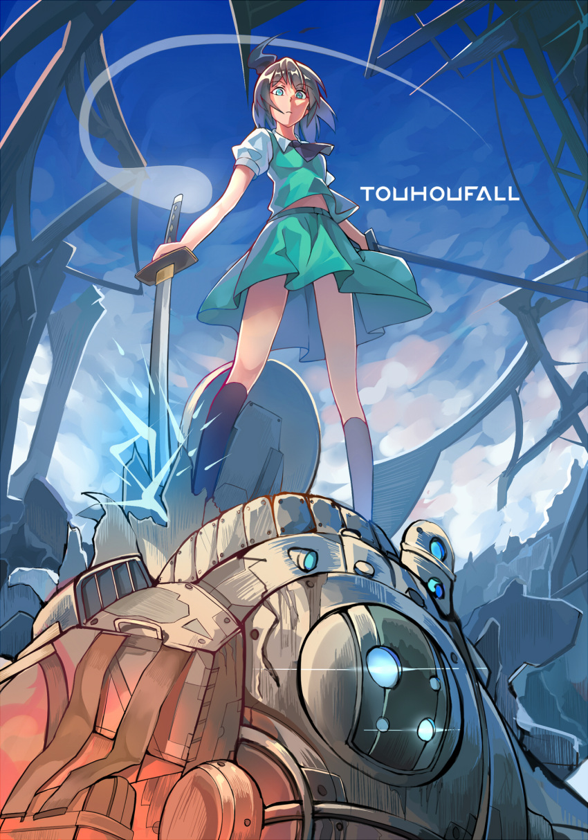 1girl, blue_eyes, crossover, hairband, highres, hunxiao_xingshuang, konpaku_youmu, konpaku_youmu_(ghost)