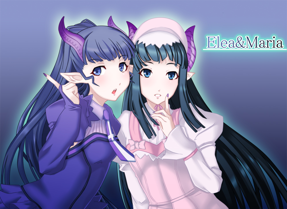 black_hair, blassreiter, blue_eyes, blue_hair, blush, bonnet, bridal_gauntlets, cross