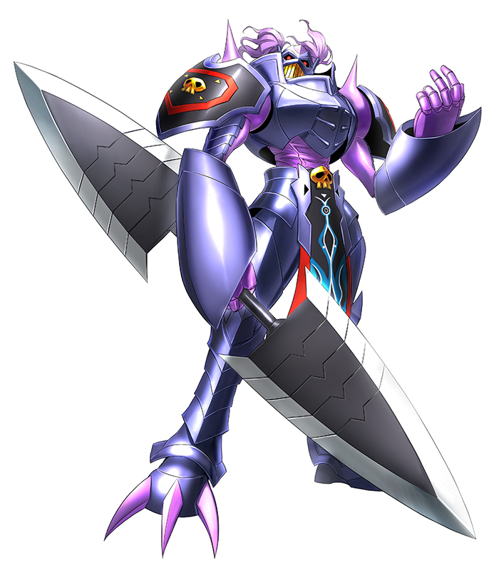 armor, claiomh_solais_(digimon), craniummon, digimon, digimon_story:_cyber_sleuth, dot_pupils, full_armor, gauntlets, loincloth, monster, no_humans, official_art, polearm, purple_armor, purple_hair, red_eyes, shoulder_pads, shoulder_spikes, simple_background, skull_ornament, spear, spikes, weapon, white_background, yasuda_suzuhito
