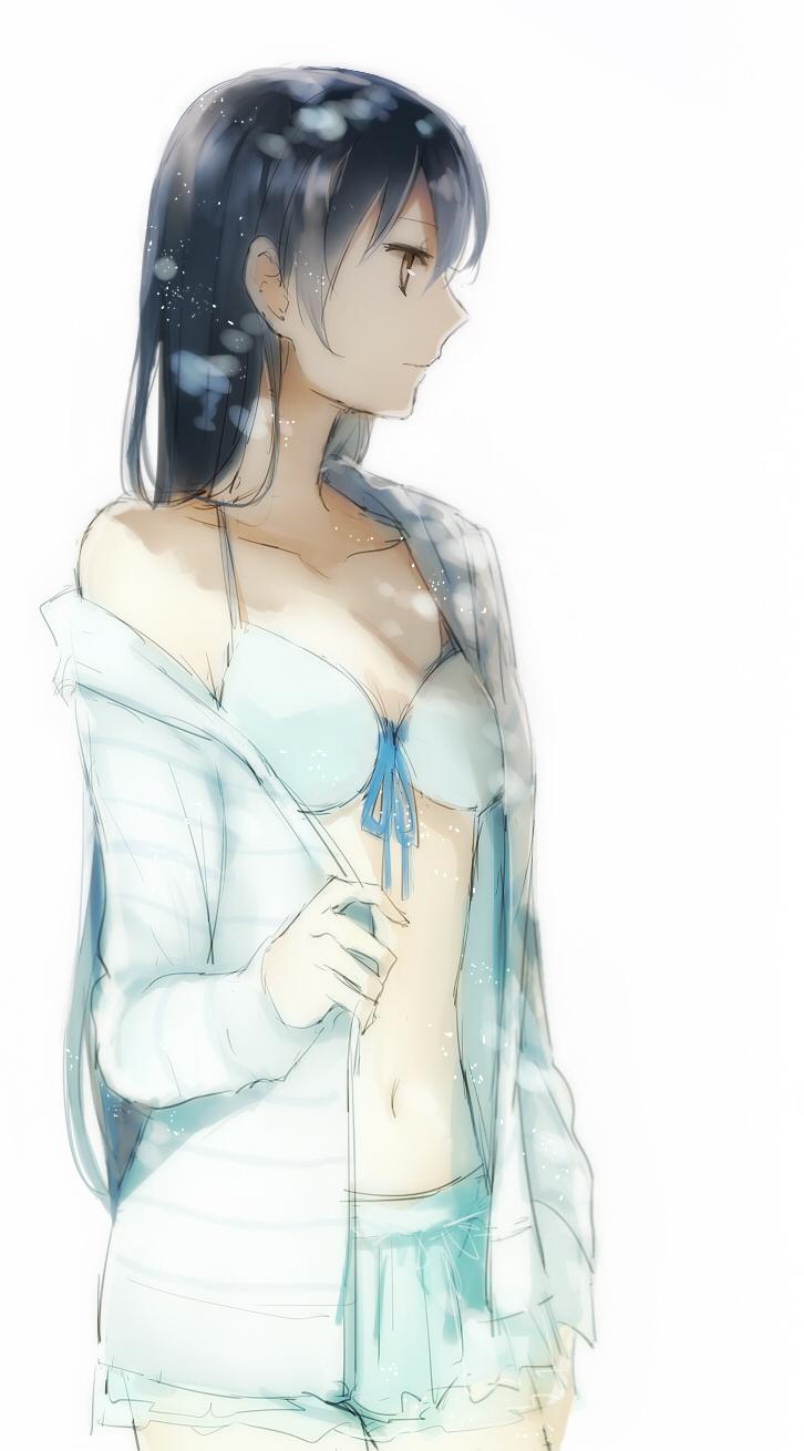 1girl, bikini, blue_hair, highres, long_hair, love_live!_school_idol_project, open_clothes, open_shirt