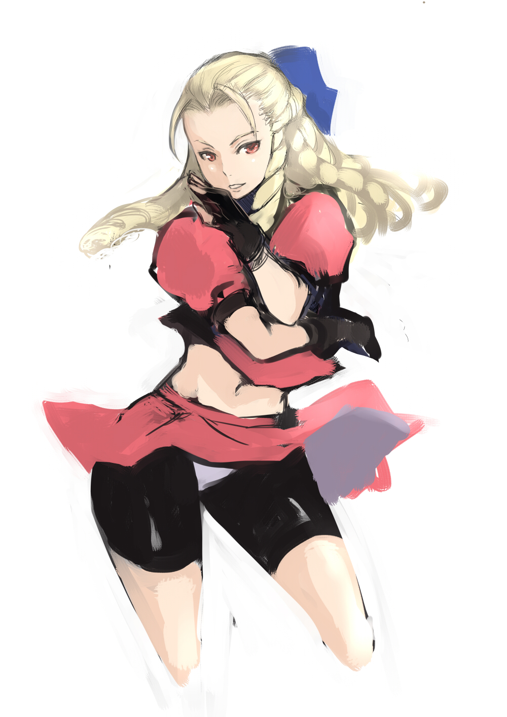 1girl, antenna_hair, bike_shorts, black_gloves, blonde_hair, contrapposto, cowboy_shot, cropped_legs