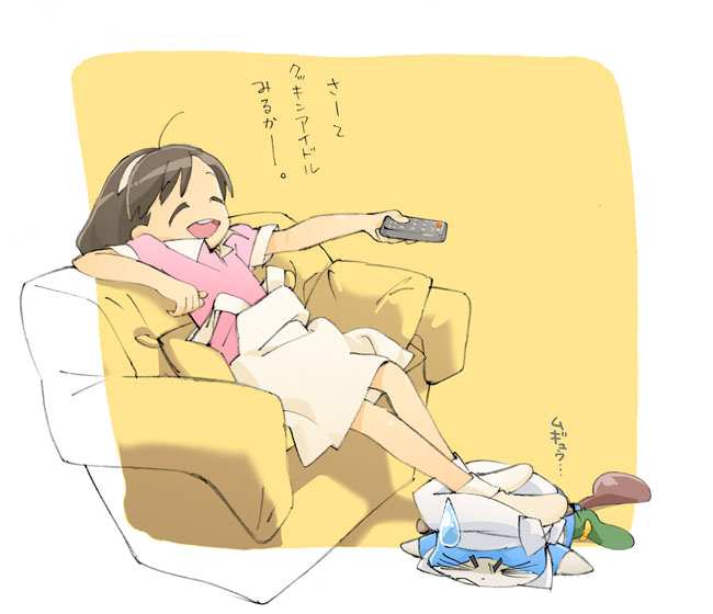 ai!_mai!_main!, brown_hair, child, cooking_idol_ai!_mai!_main!, couch, fukuhara_haruka, hiiragi_main, hiiragi_mine, nse, seiyuu, sitting, socks, television, translated