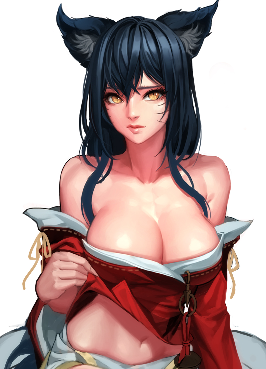 1girl, ahri, animal_ears, bare_shoulders, black_hair, breasts, cherrylich, cleavage, facial_mark, fox_ears, highres, large_breasts, league_of_legends, lips, long_hair, looking_at_viewer, midriff, navel, shirt_lift, simple_background, slit_pupils, solo, whisker_markings, white_background, yellow_eyes