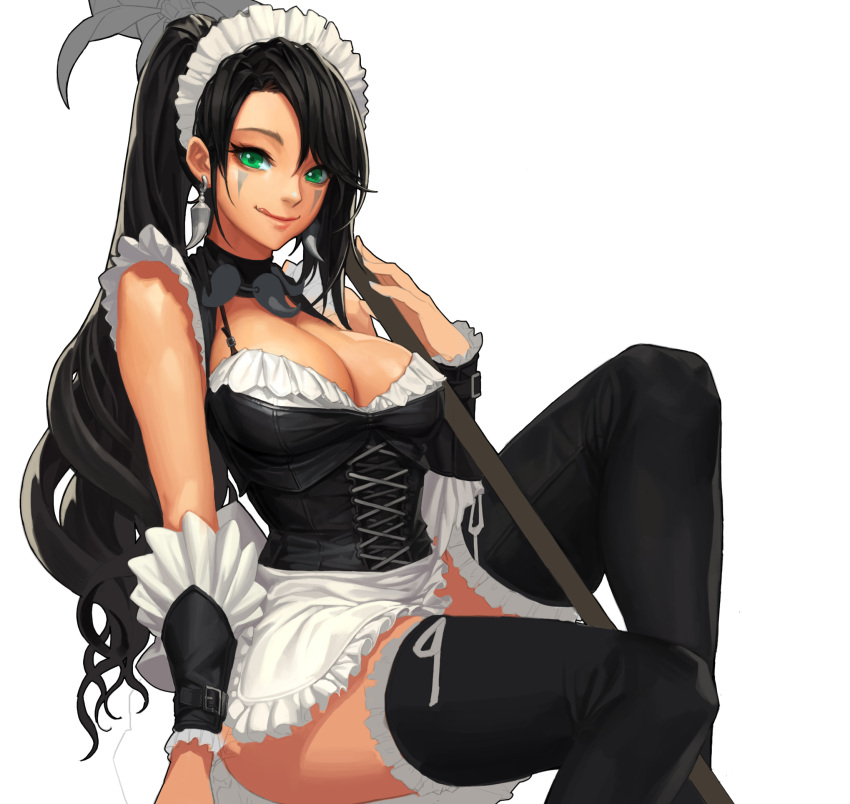 1girl, :q, bangs, black_legwear, boots, breasts, cherrylich, cleavage, cleavage_cutout, corset, earrings, facial_mark, green_eyes, highres, jewelry, large_breasts, league_of_legends, long_hair, looking_at_viewer, maid_headdress, nidalee, polearm, ponytail, sitting, smile, solo, swept_bangs, thigh-highs, thigh_boots, tongue, tongue_out, unfinished, weapon, wrist_cuffs