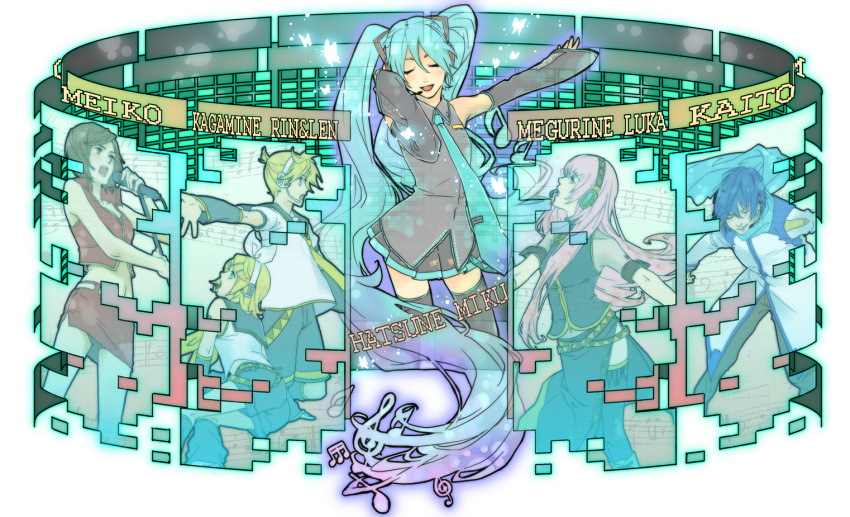 aqua_hair, blonde_hair, blue_hair, brown_hair, digital_dissolve, hatsune_miku, headphones, kagamine_len