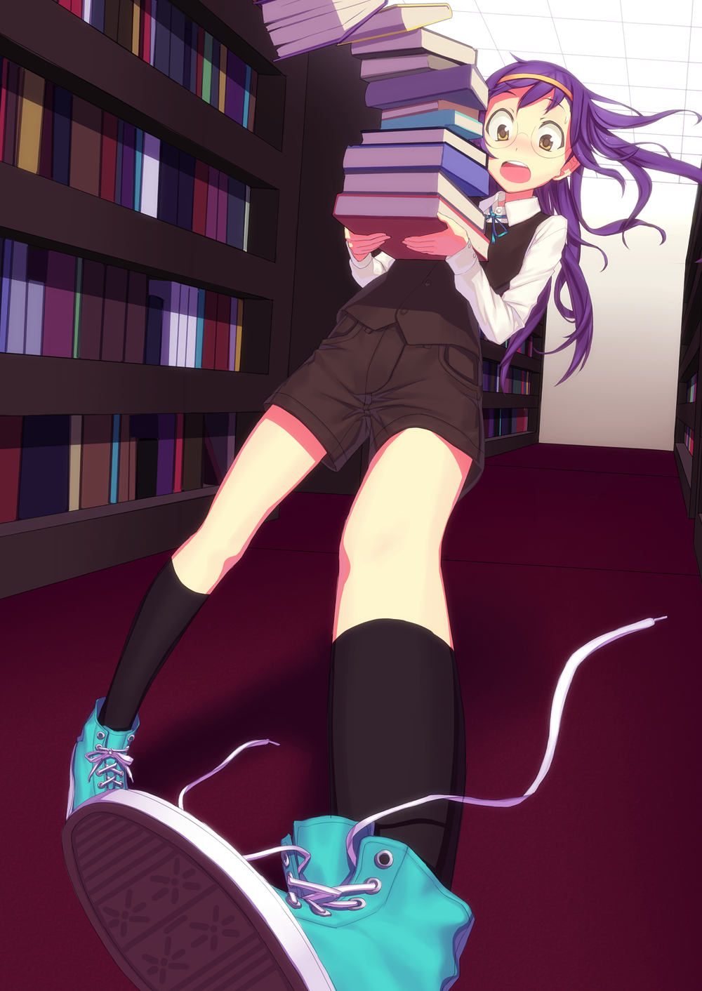 blush, book, brown_eyes, falling, fondolger, highres, library, long_hair