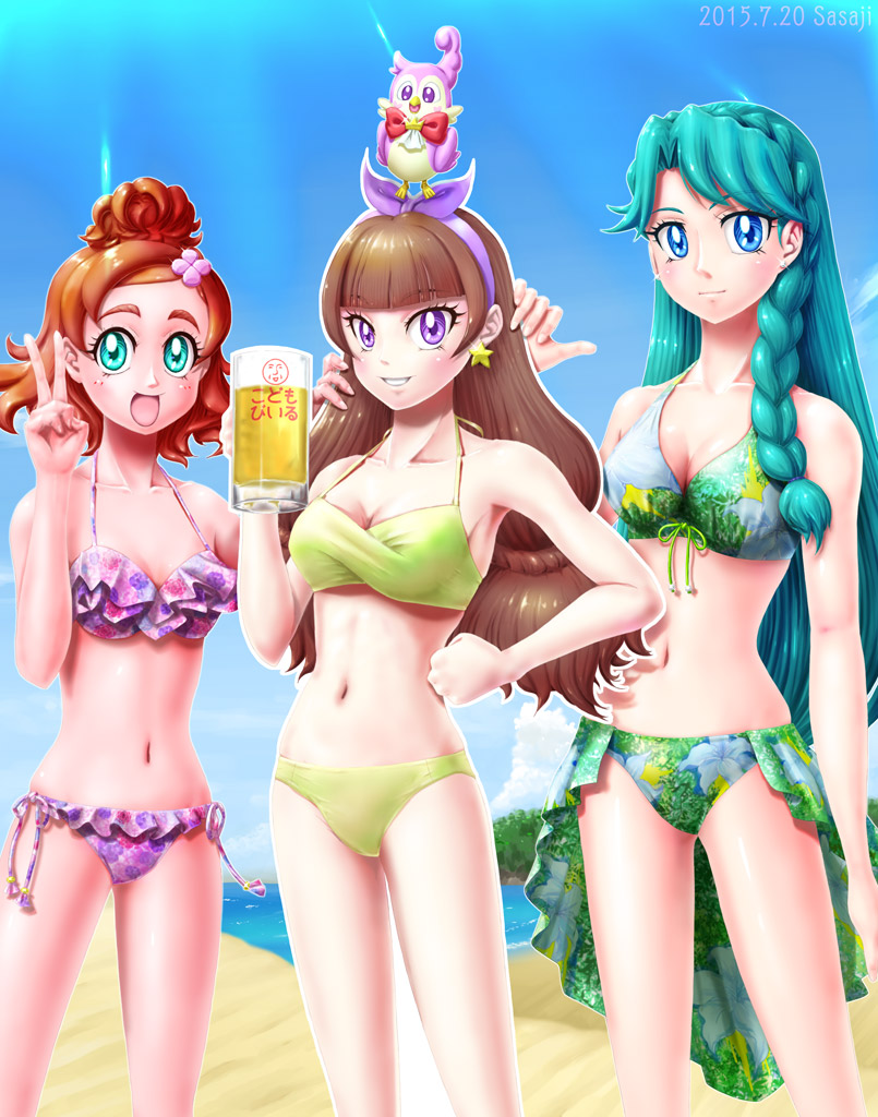 3girls, alcohol, amanogawa_kirara, animal_on_head, aroma_(go!_princess_precure), beer, bikini, bird