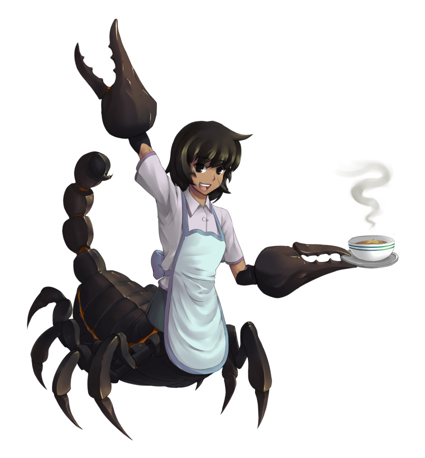 1girl, :d, apron, arm_up, black_eyes, black_hair, bowl, claws