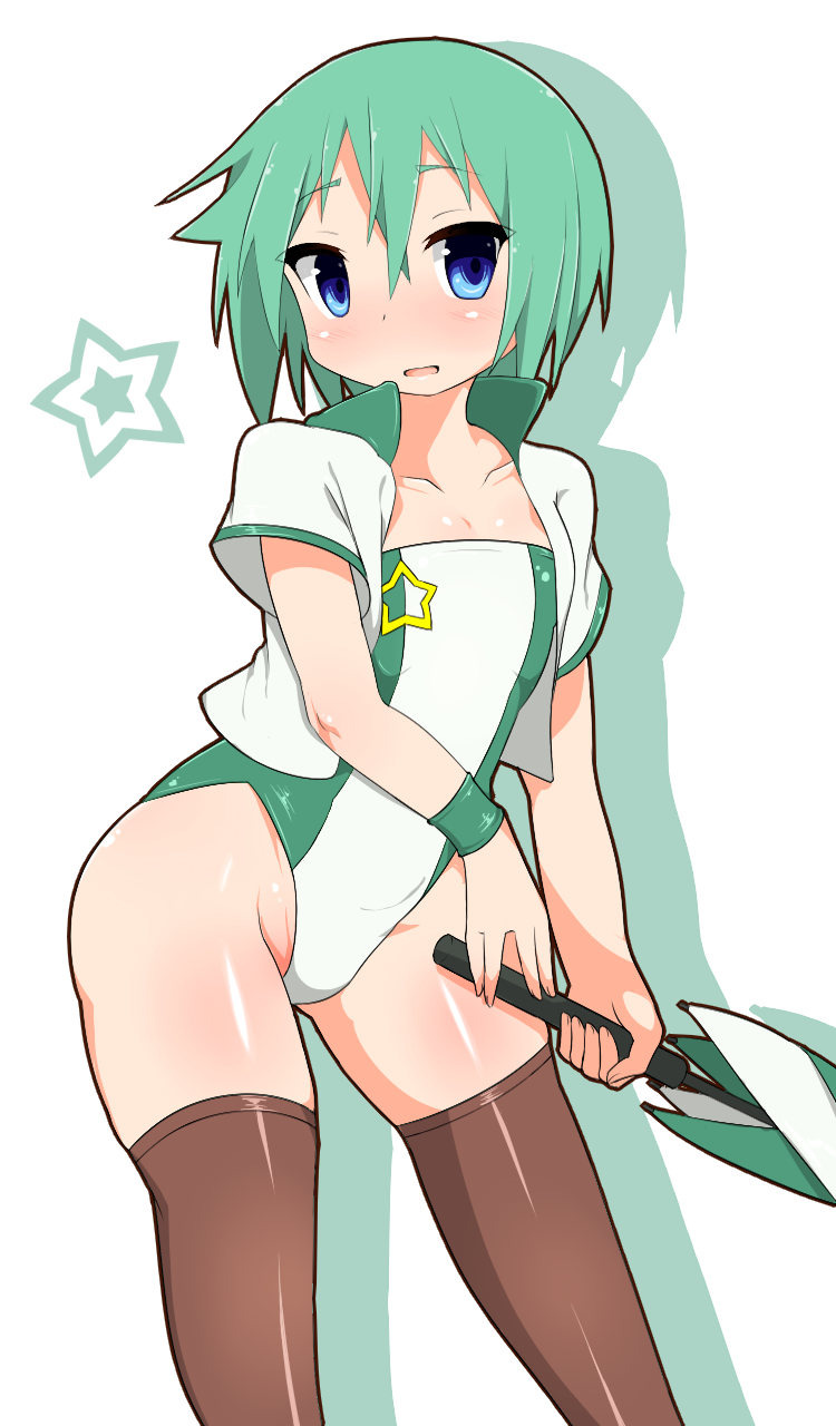 1girl, blue_eyes, green_hair, highres, iwasaki_minami, jacket, leotard, lucky_star