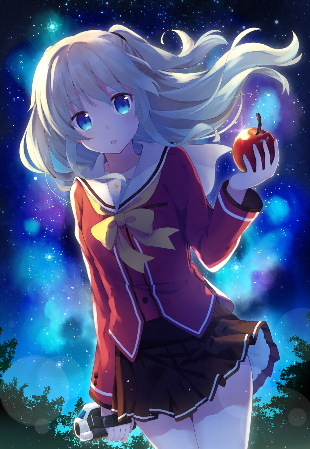 1girl, apple, blue_eyes, camcorder, charlotte_(anime), food, fruit, highres
