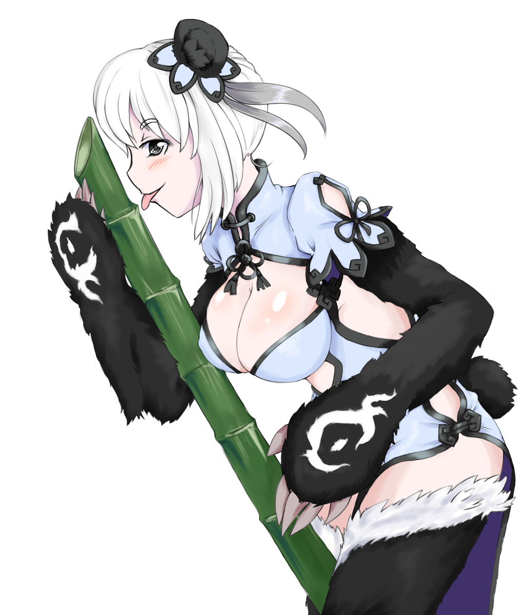 1girl, :p, animal_ears, bamboo, black_eyes, blush, breasts, china_dress, chinese_clothes, claws, cleavage, fur, kouhai, large_breasts, licking, monster_girl, monster_girl_encyclopedia, panda_ears, paws, ren_xiongmao, short_hair, side_slit, simple_background, smile, solo, tail, tongue, tongue_out, white_background, white_hair
