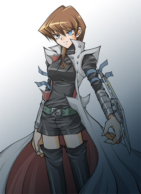 1girl, blue_eyes, boots, breasts, brown_hair, cowboy_shot, duel_disk, female, genderswap, hair_over_shoulder, kaiba_seto, long_coat, short_hair, shorts, solo, takahara_rinko, thigh-highs, thigh_boots, yuu-gi-ou, yuu-gi-ou_duel_monsters