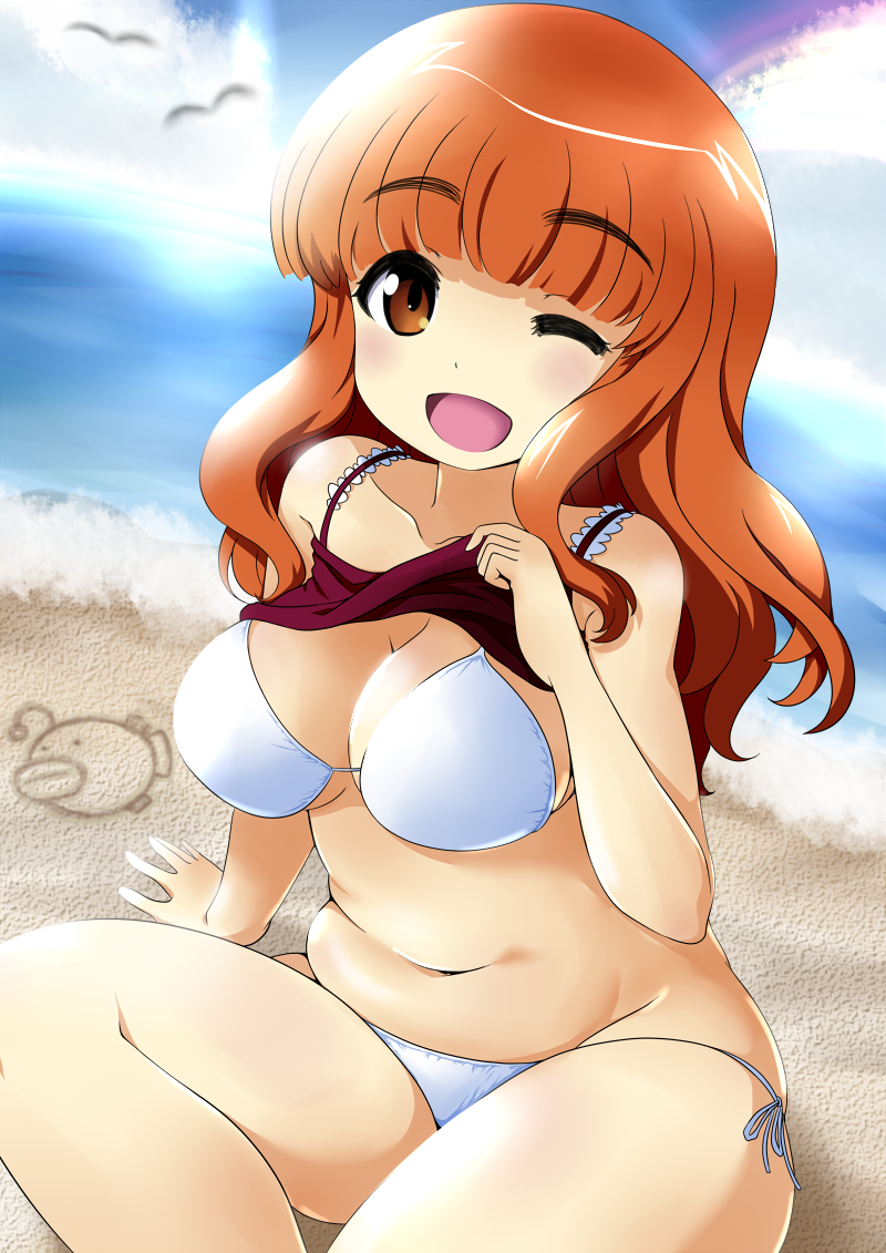 1girl, bikini, blush, breasts, brown_eyes, brown_hair, girls_und_panzer, large_breasts