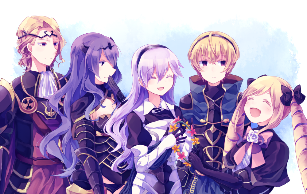 armor, blonde_hair, camilla_(fire_emblem_if), closed_eyes, elise_(fire_emblem_if), fire_emblem, fire_emblem_if, hair_ribbon