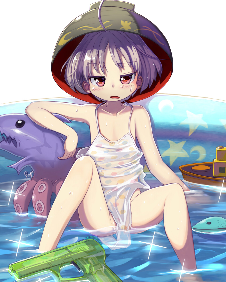 1girl, blush, bowl, flat_chest, hat, highres, inflatable_toy, looking_at_viewer