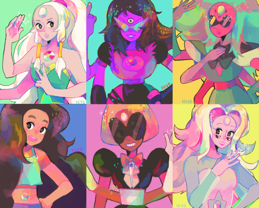 1other, 5girls, alexandrite_(steven_universe), blush, character_request, fusion, gem, glasses, highres, hiyo_(taniiko), opal_(steven_universe), open_mouth, queer, rainbow_quartz, sardonyx_(steven_universe), sesugilite_(steven_universe), smile, steven_universe, stevonnie_(steven_universe), sugilite_(steven_universe), trans