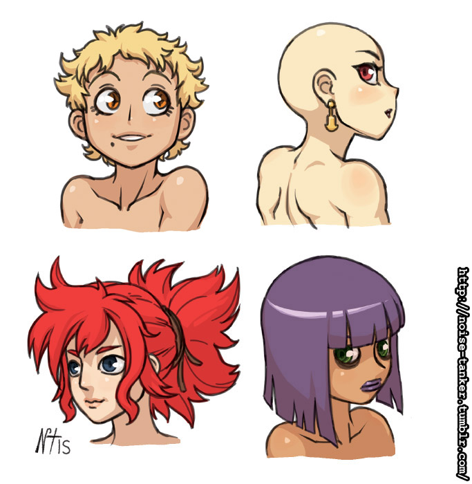 4girls, bags_under_eyes, bald, bangs, blue_eyes, blunt_bangs, bob_cut, close-up, commentary, dark_skin, earrings, face, green_eyes, hair_ribbon, jewelry, lipstick, long_hair, makeup, mole, mole_under_mouth, multiple_girls, noise_tanker, orange_eyes, pixie_cut, ponytail, purple_hair, purple_lipstick, ribbon, short_hair