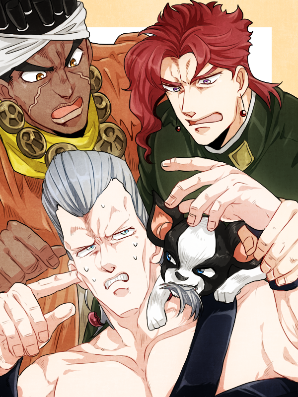 3boys, biting_hair, black_hair, dark_skin, dog, grey_hair, iggy_(jojo), imaru_(yashiro19950425)