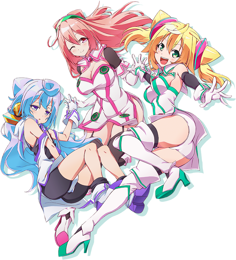 1boy, 2girls, ;), bike_shorts, blonde_hair, boots, green_eyes, hacka_doll, hacka_doll_1, hacka_doll_2, hacka_doll_3, long_hair, multiple_girls, official_art, pink_eyes, pink_hair, purple_hair, short_hair, smile, thigh_boots, thighhighs, trap, twintails, violet_eyes, wink