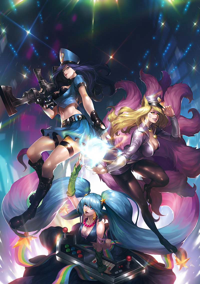 ahri, alternate_costume, alternate_hairstyle, animal_ears, aqua_hair, bare_shoulders, belt, blonde_hair