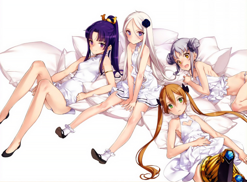 4girls, :d, achilles_(eiyuu_senki), armlet, bare_legs, bare_shoulders, between_thighs, blue_eyes