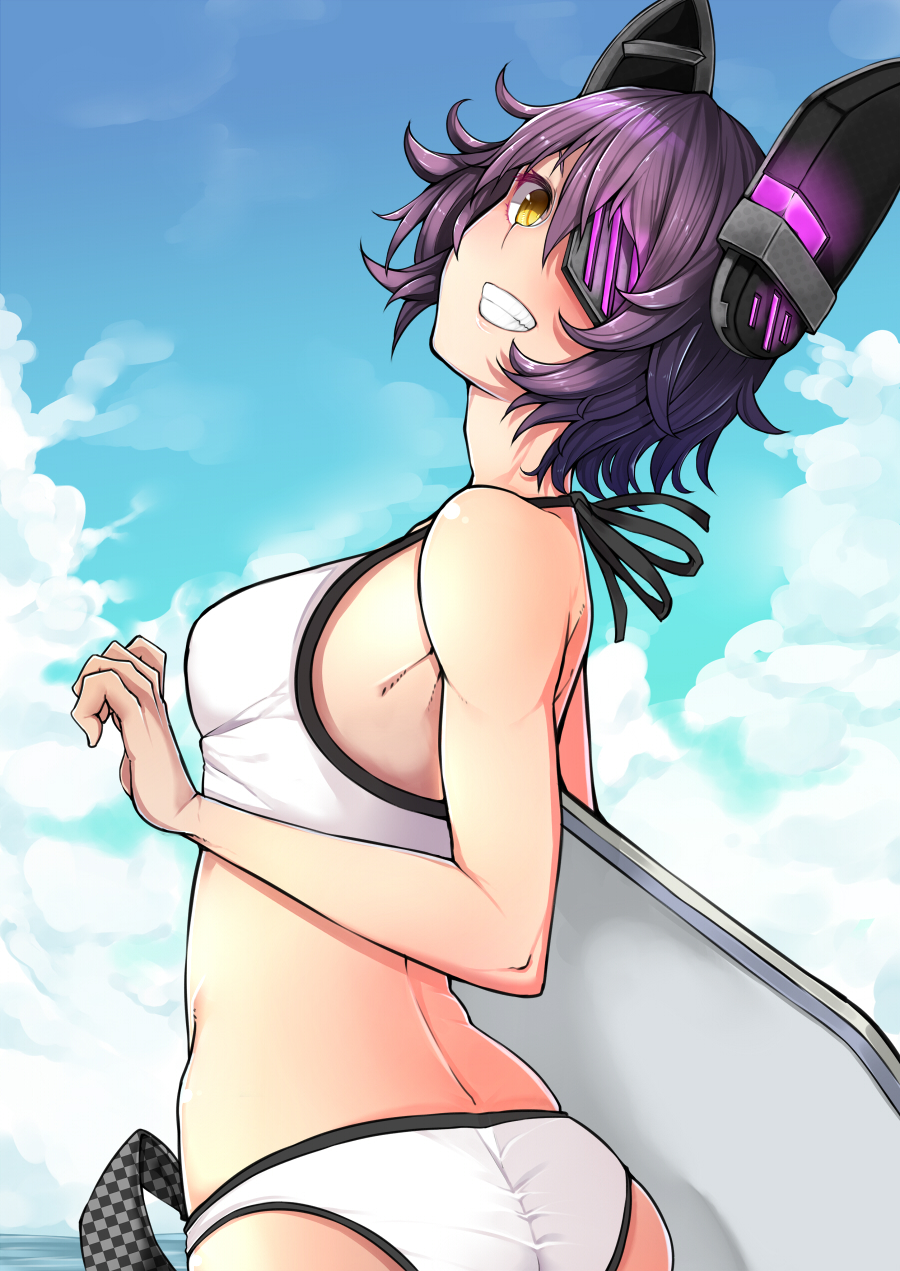 1girl, arched_back, bikini, blue_sky, breasts, clouds, eyepatch, from_side
