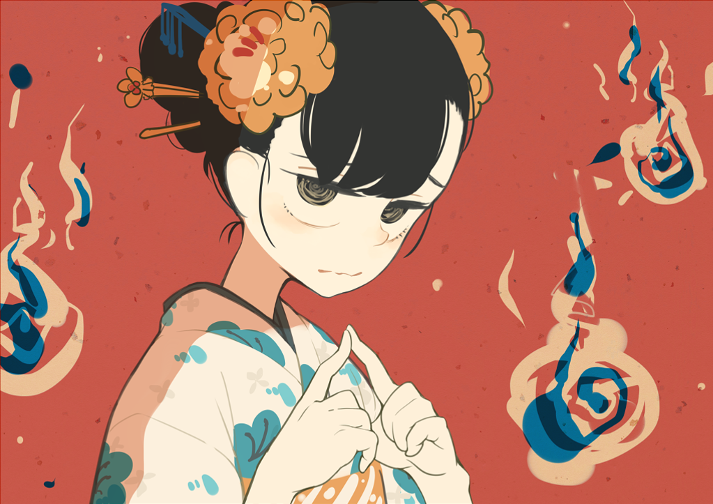 1girl, bangs, black_hair, fingers_together, fire, hair_bun, hair_ornament, hairpin