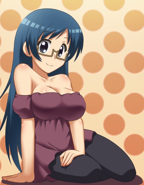 awa, bare_shoulders, blue_hair, blush, breasts, glasses, kanamemo, large_breasts