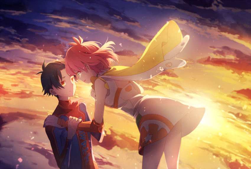 1boy, 1girl, ahoge, black_hair, bodysuit, cape, chiyoko_(punch_line), clouds, dress, elbow_gloves, gloves, green_eyes, iridatsu_yuuta, miyazawa_kenji_(punch_line), narugino_mikatan, natural_wind, open_mouth, orange_eyes, pink_hair, punch_line, short_hair, smile, spoilers, sunset