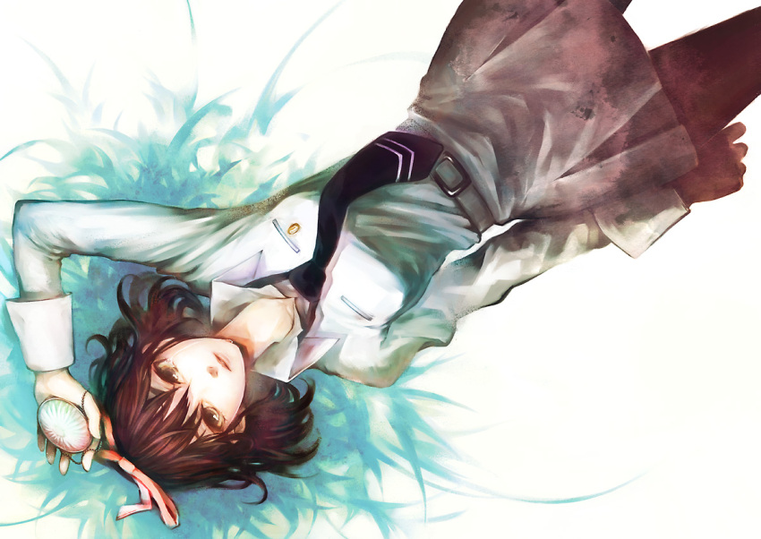 brown_hair, hair_ribbon, mikeneko_ringo, necktie, on_back, persona, persona_1, ribbon